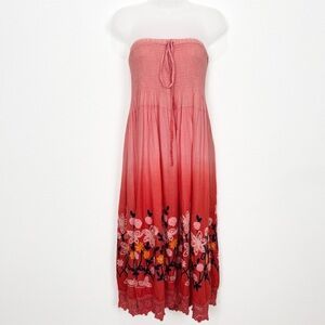 Beachy Smocked‎ Dress Womens One Size Pink Floral Embroidered Tropical Summer